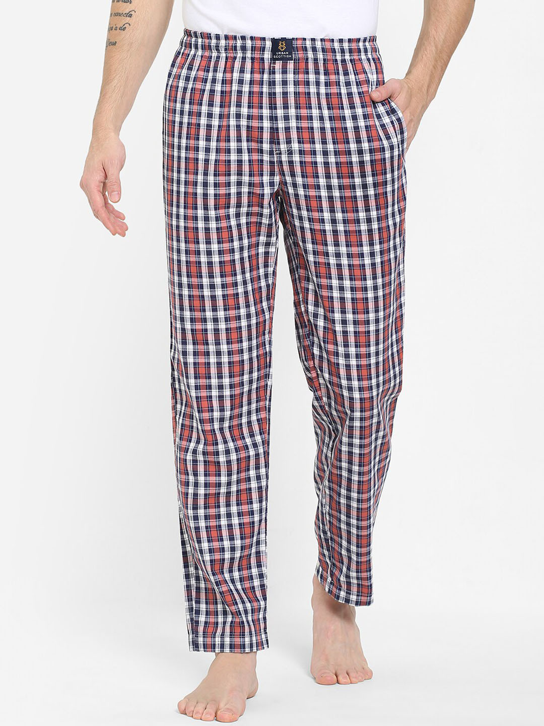 URBAN SCOTTISH Men Red & Black Checked Pure Cotton Lounge Pants