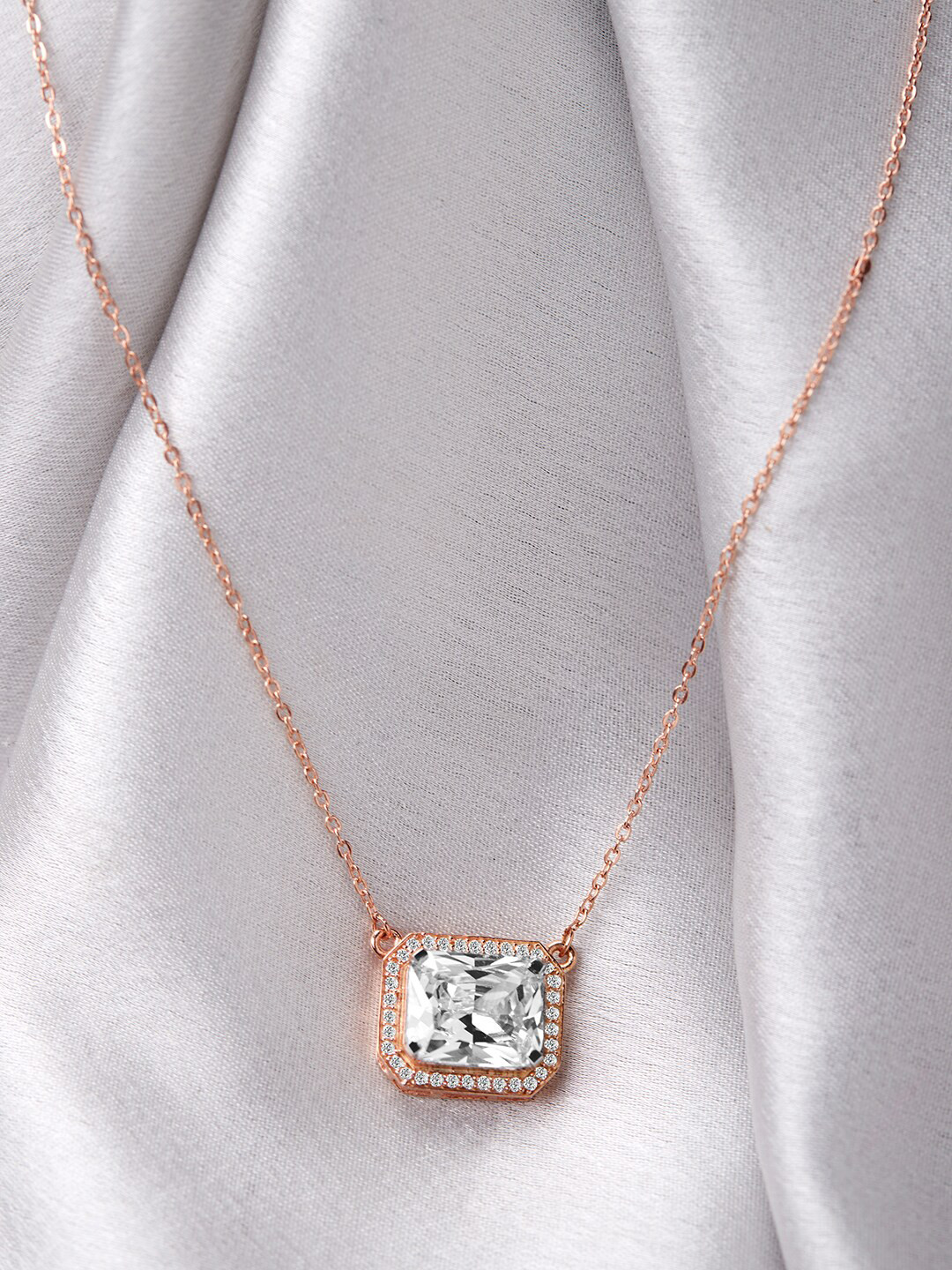 GIVA 925 Sterling Silver Rose Gold Plated Studded Baguette Necklace