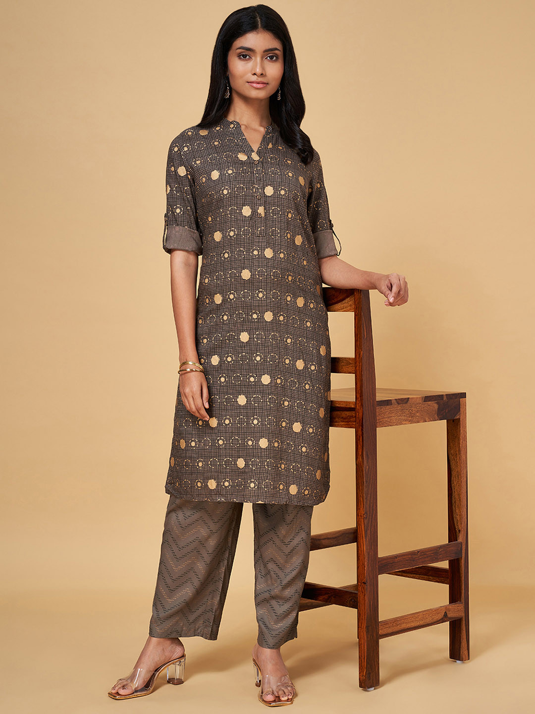 RANGMANCH BY PANTALOONS Women Olive Green Printed Kurta with Trousers