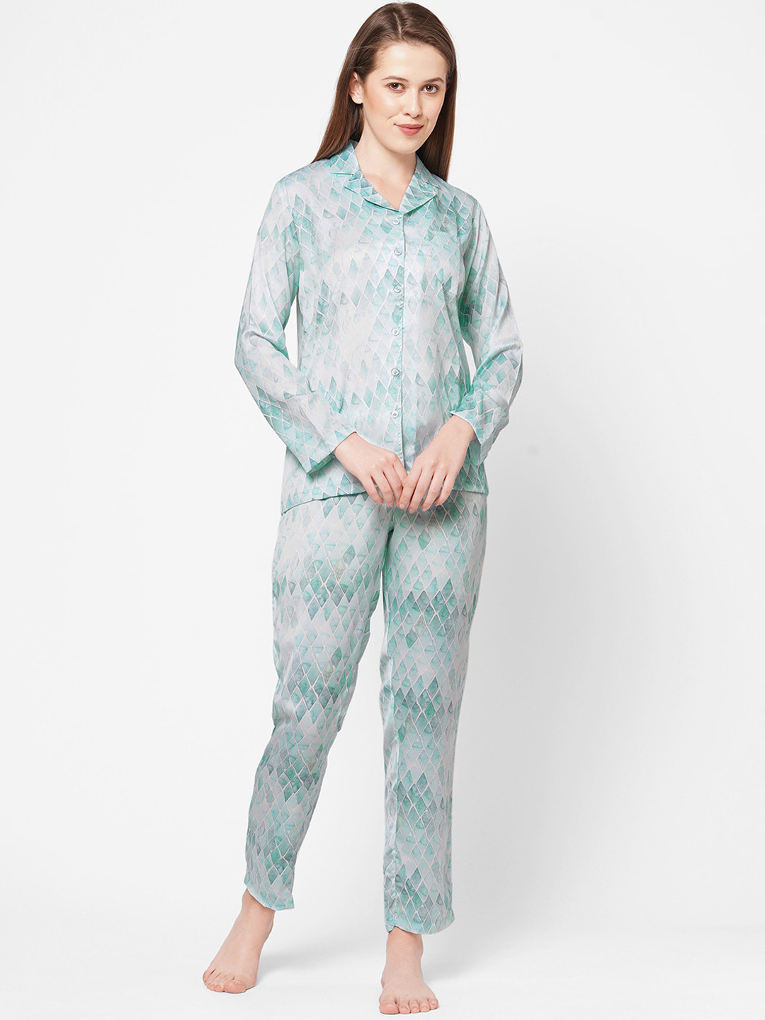 DRAPE IN VOGUE Women Blue & White Printed Long Sleeves Night suit