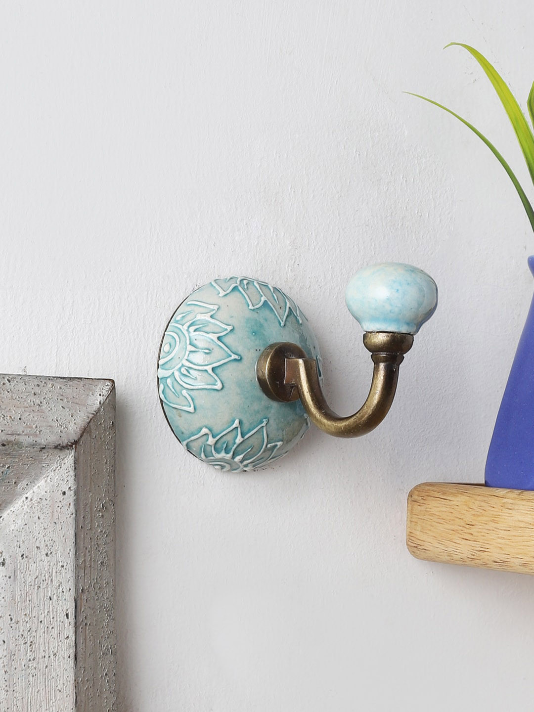 MIAH Decor Blue Handmade Ceramic Embossed Wall Hook