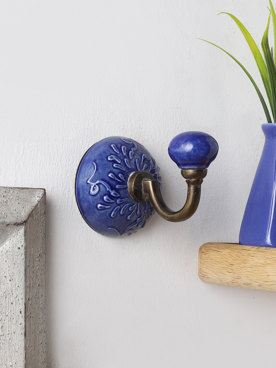 MIAH Decor Blue Handmade Ceramic Embossed Utility Wall Hook