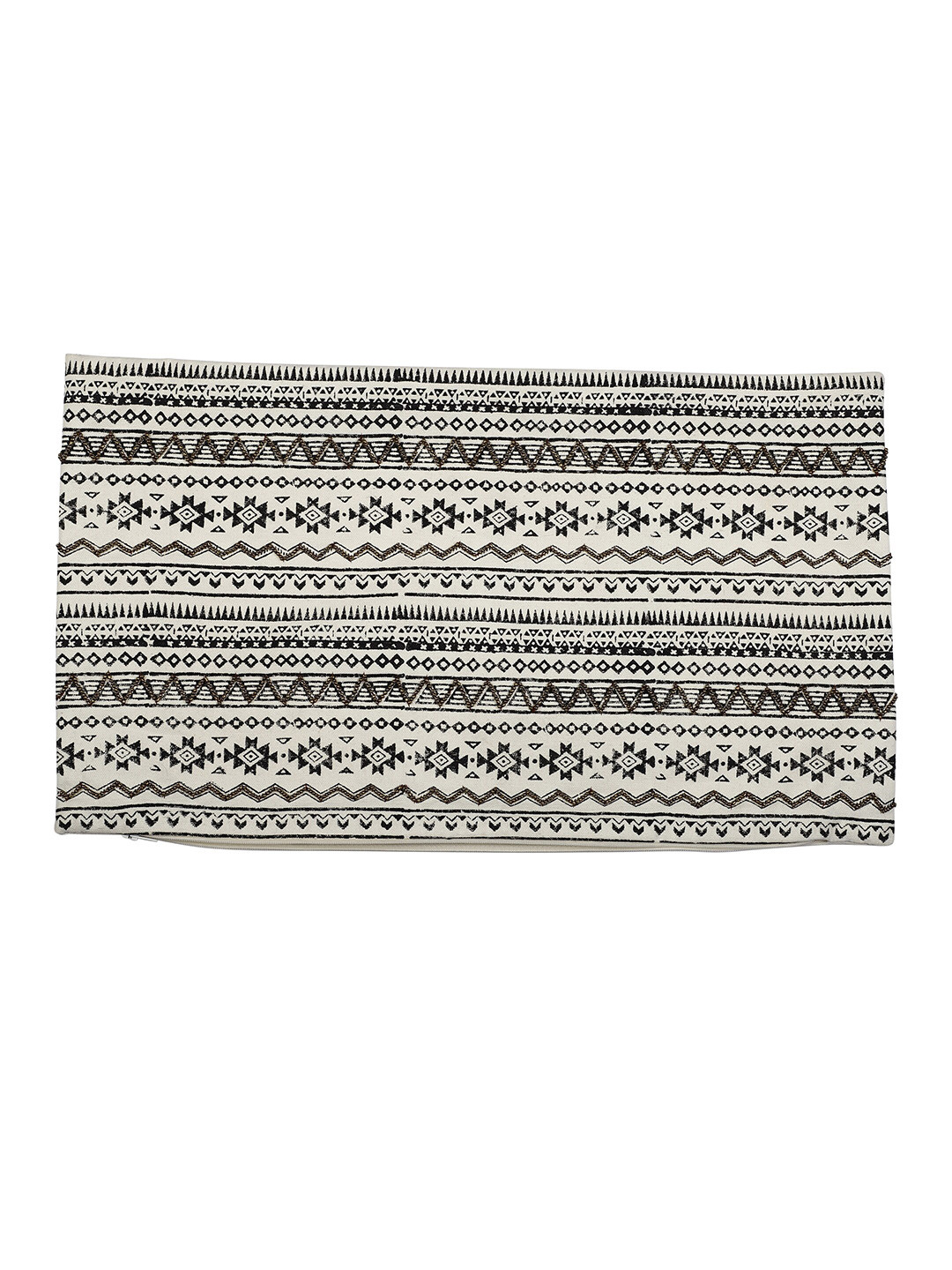 MIAH Decor Block Print Ethnic Motifs Jute Cotton Embellished Cushion Cover-12x20In