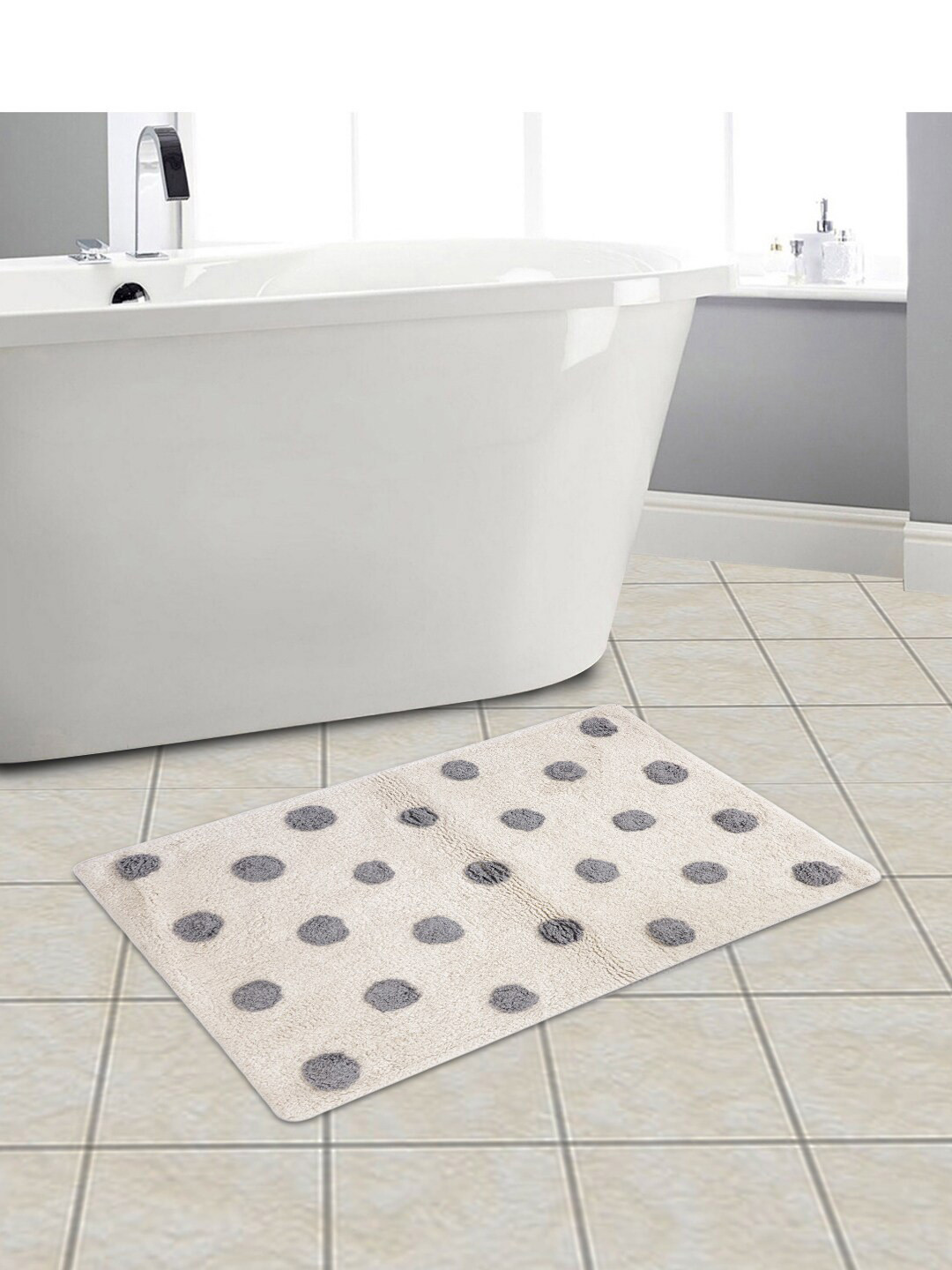 eyda Off White and Grey Printed Cotton Bath Rug
