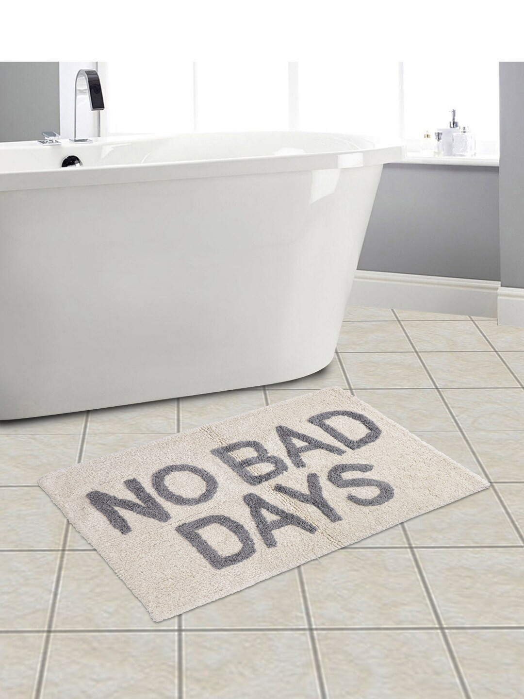 eyda White and Grey Patterned 500GSM Cotton Anti-Slip Bath Rug