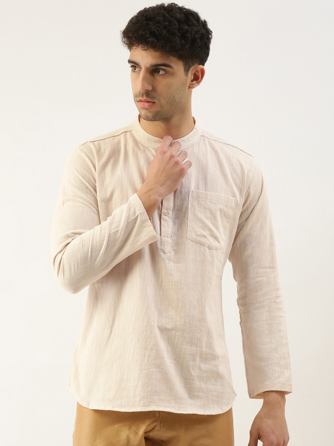 WHITE HEART Men Khaki Pure Cotton Solid Kurta