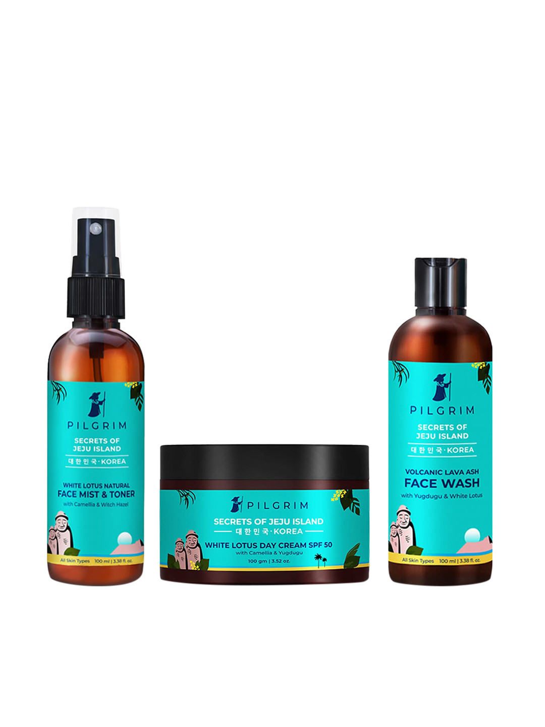 Pilgrim Set of Secrets of Jeju Island Face Wash-Day Cream & Face Mist and Toner