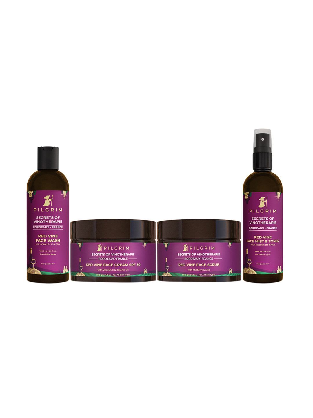 Pilgrim Set of 4 Secrets of Vinotherapie Red Wine Face Wash, Toner, Scrub & SPF30 Cream