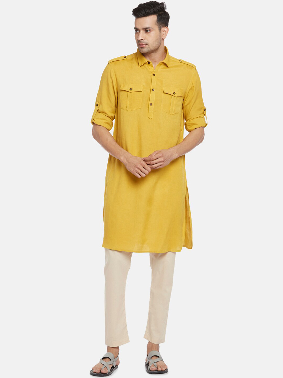 indus route by Pantaloons Men Mustard Solid Pathani Kurta