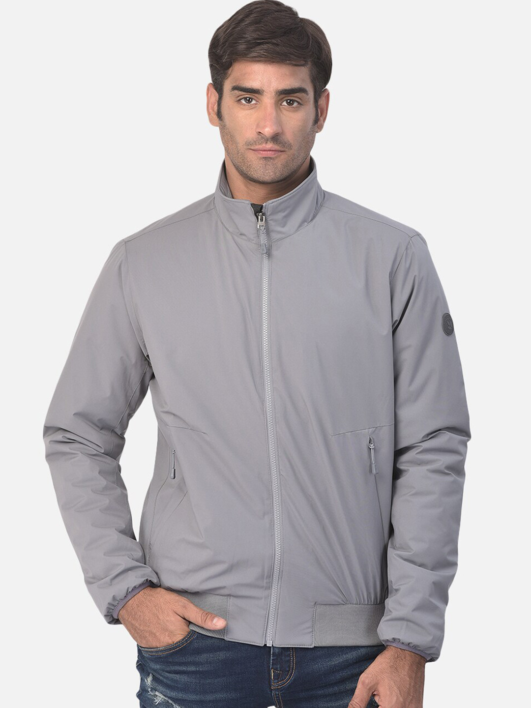 Woodland Men Grey Water Resistant Bomber Jacket