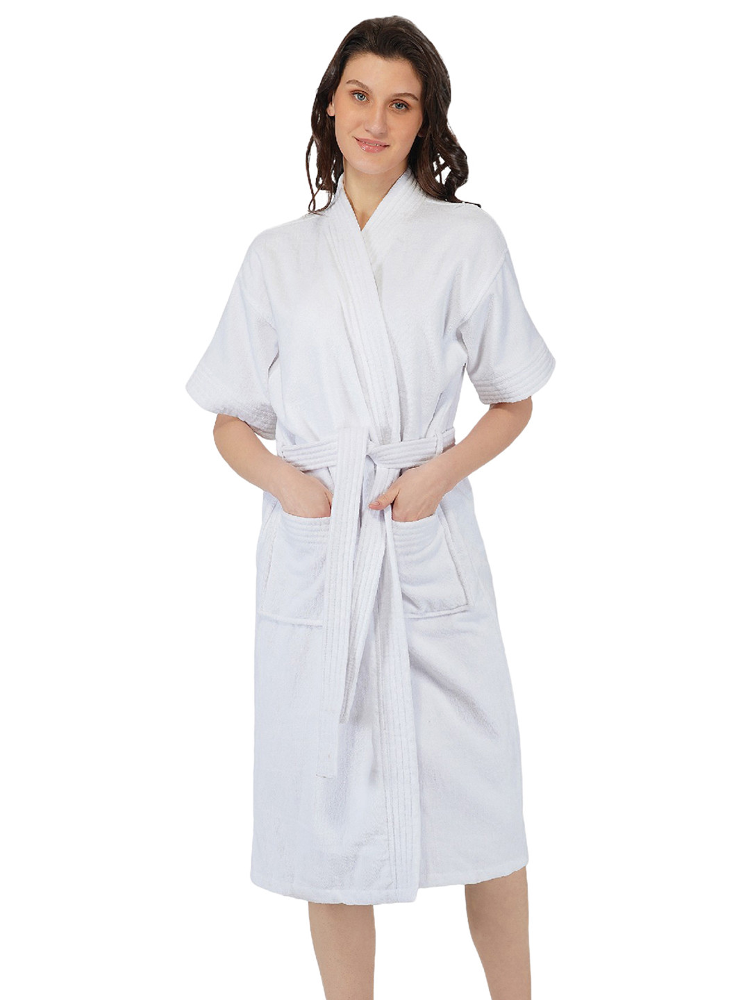 RANGOLI Nobel White Cotton Drawstring Midi Set of 2 Bath Robe with Pair Slipper-L