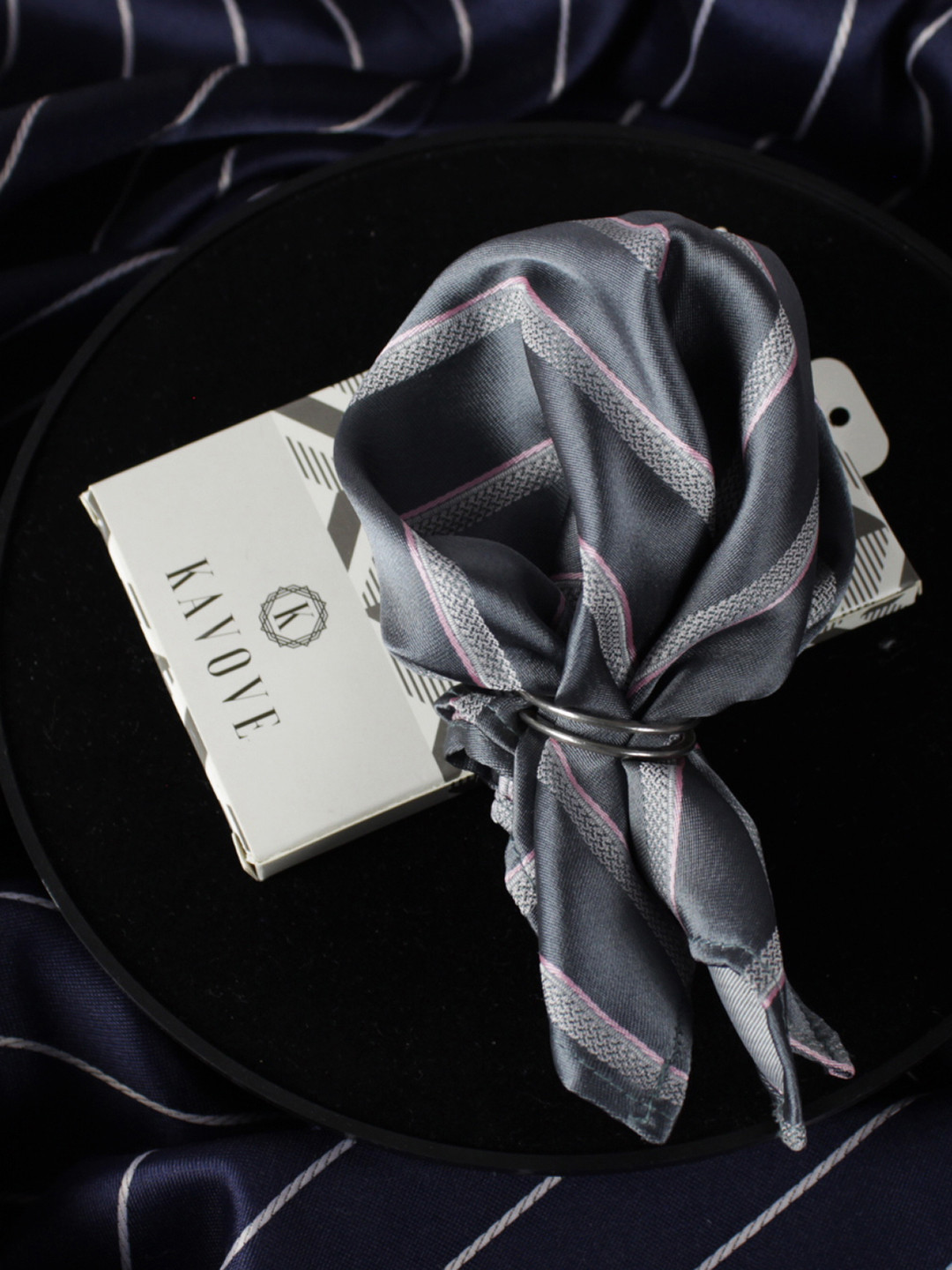 Kavove Men Grey & White The Striped Desire Pocket Square