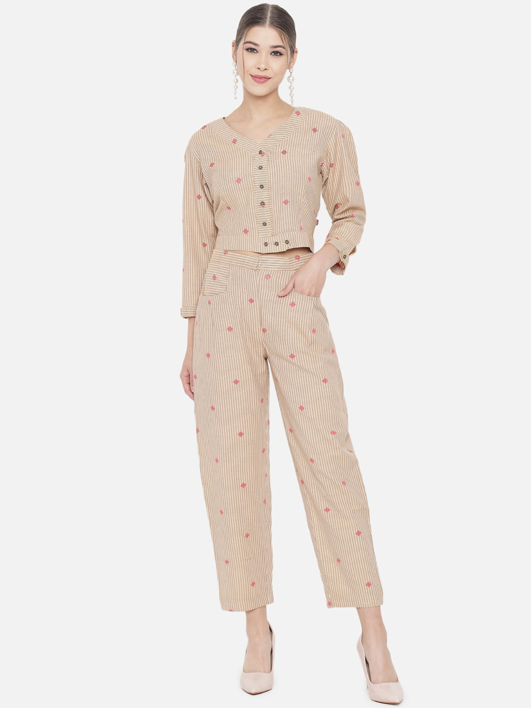 RAISIN Beige & Red Handloom Cotton Woven Straight Crop Top With Pant