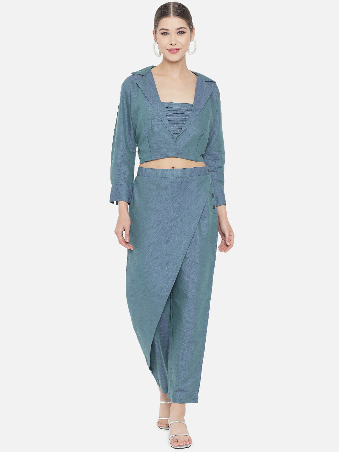 RAISIN Women Teal Solid Straight Crop Top With Pants