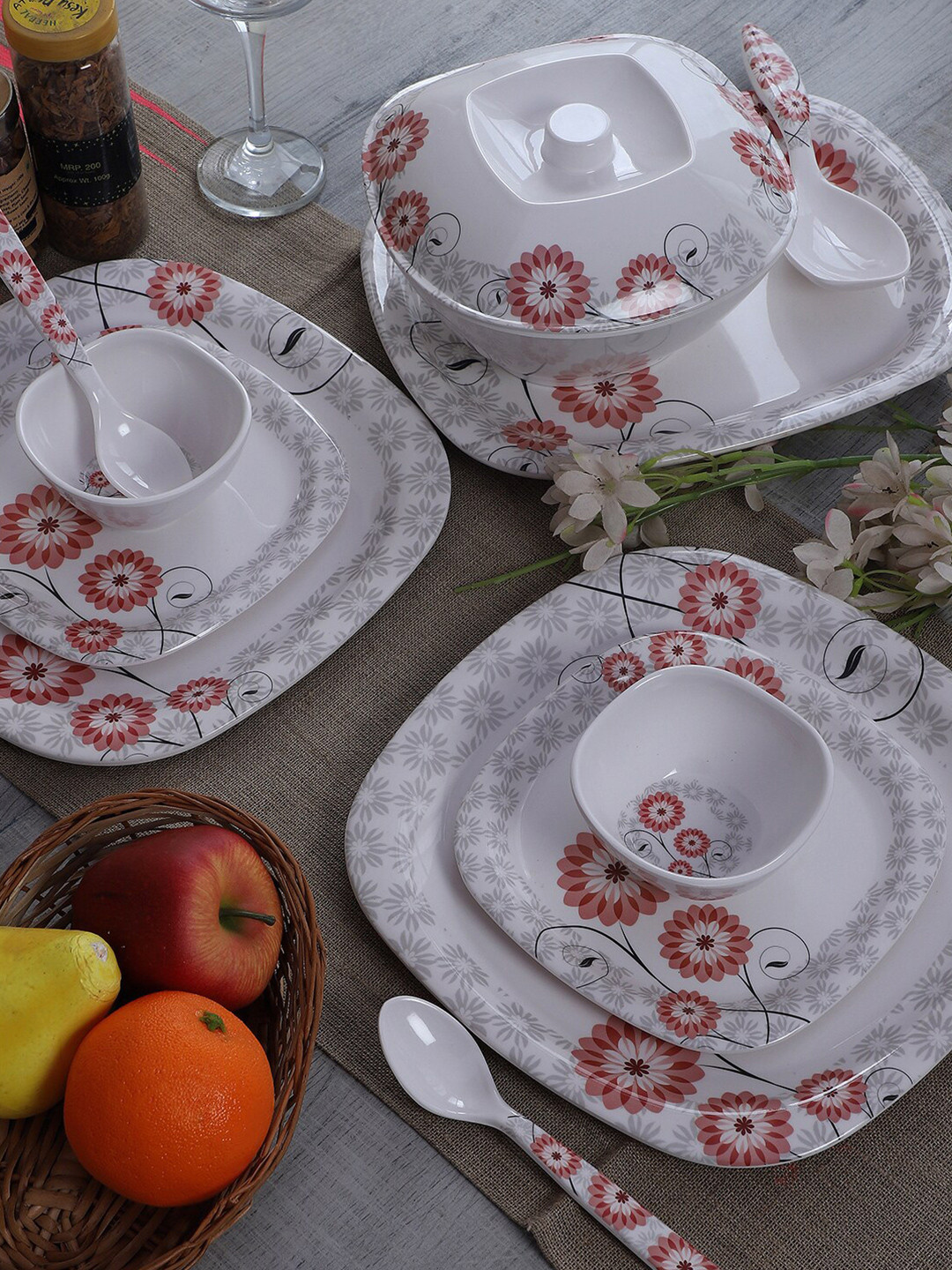CDI White Floral Melamine Dishwasher and Microwave Safe 40 Piece Dinner Set