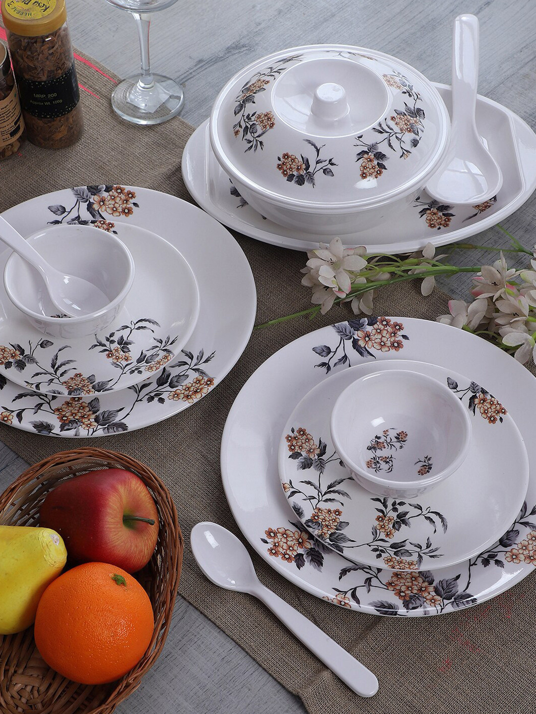 CDI White Floral Melamine Dishwasher and Microwave Safe 40 Piece Dinner Set
