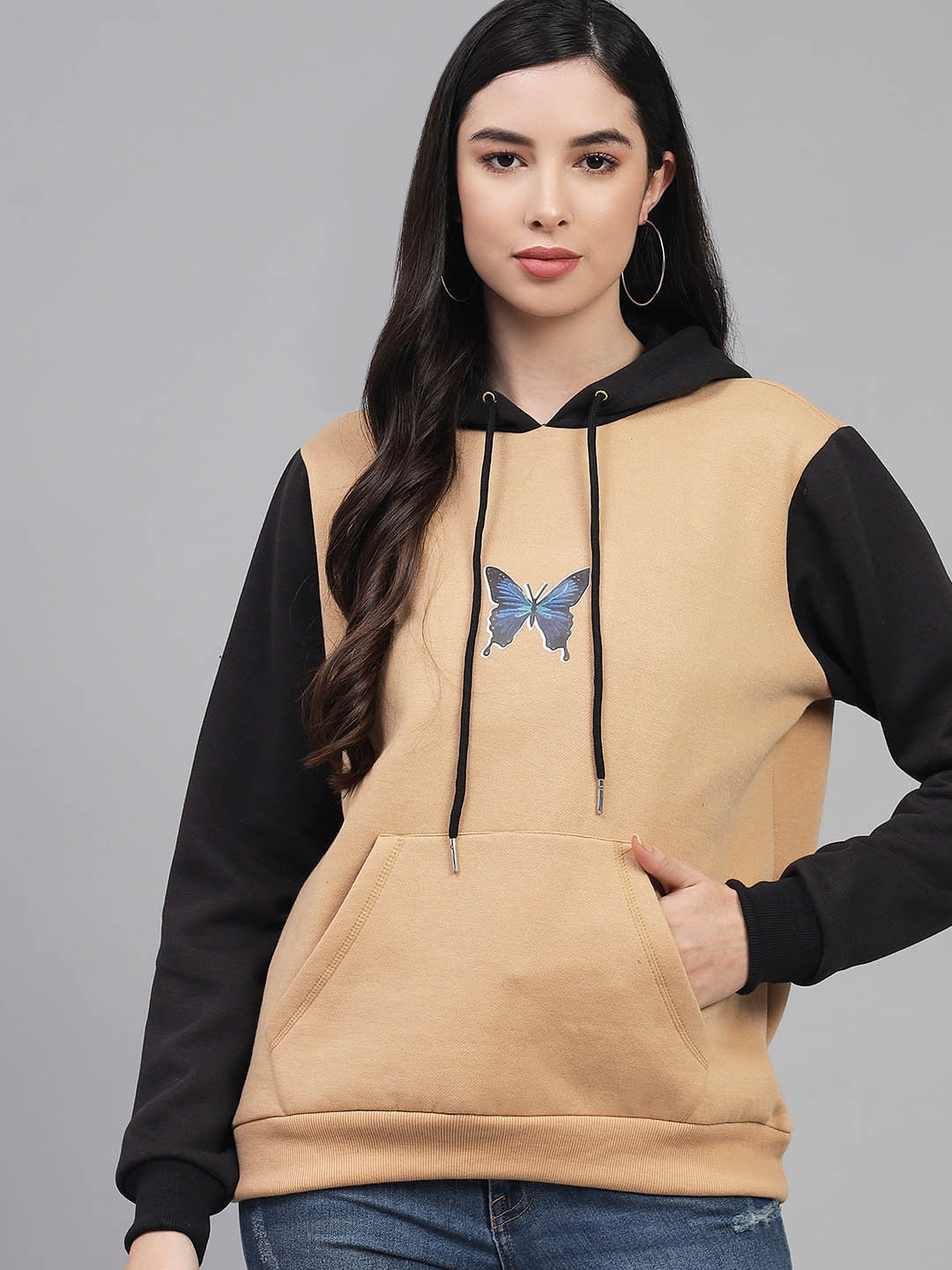 Kotty Women Beige Printed Hooded Fleece Sweatshirt