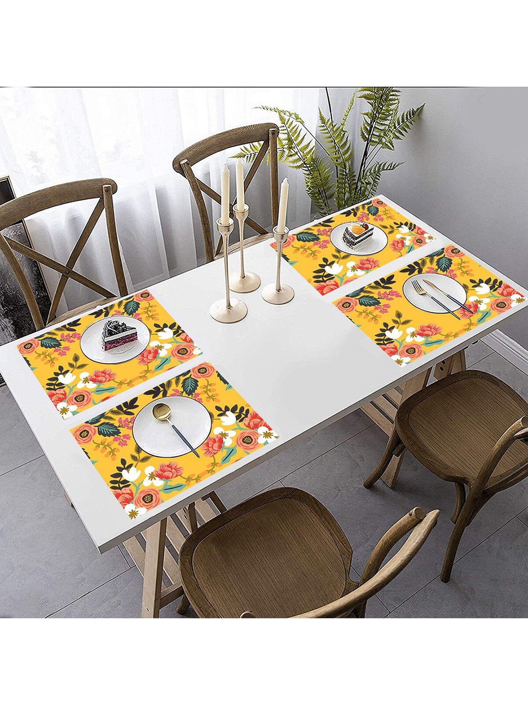 AEROHAVEN Yellow Set Of 4 Floral Printed Rectangular-Shaped Polycotton Table Placemats