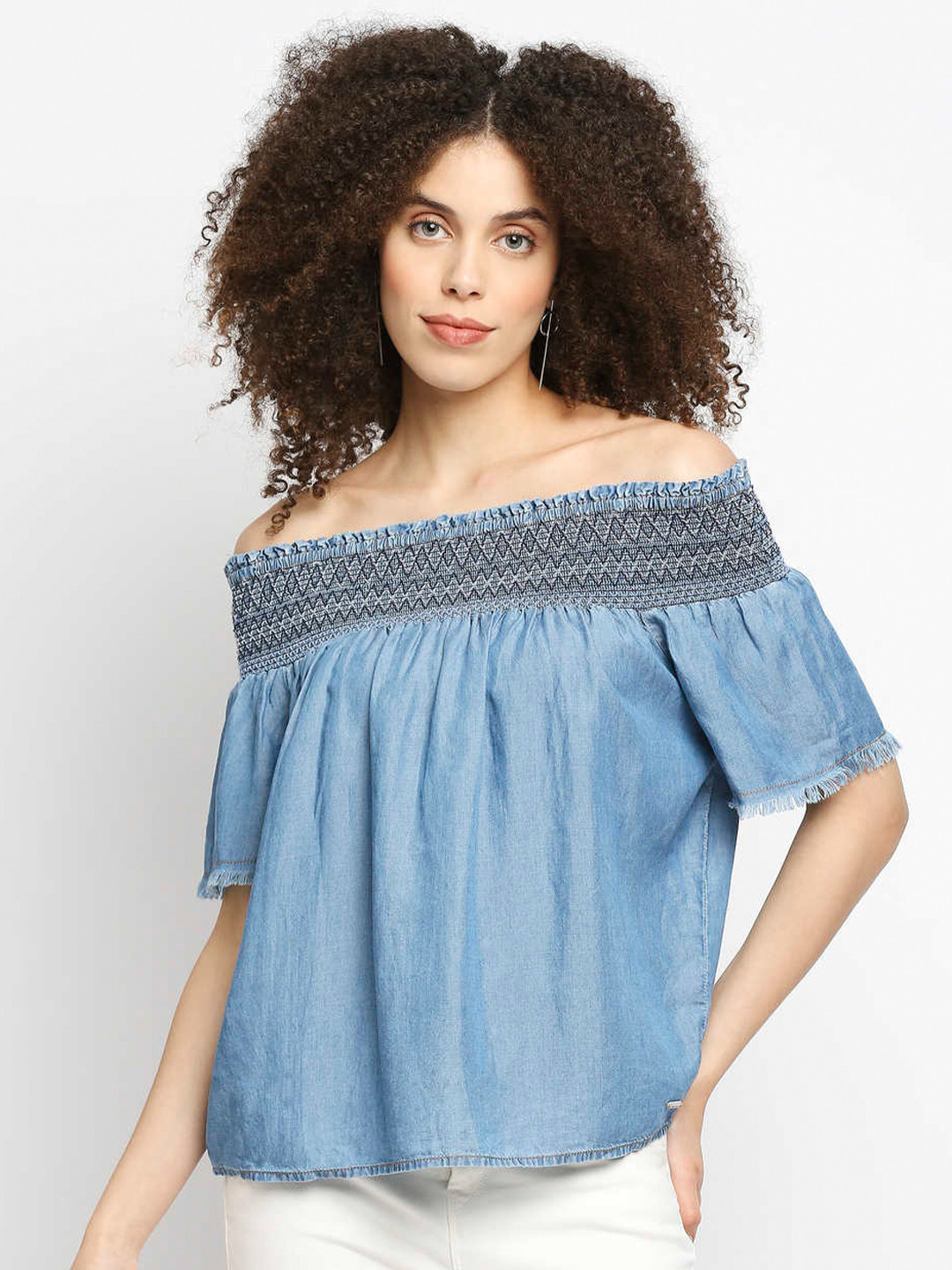 Pepe Jeans Blue Solid Off-Shoulder Bardot Top