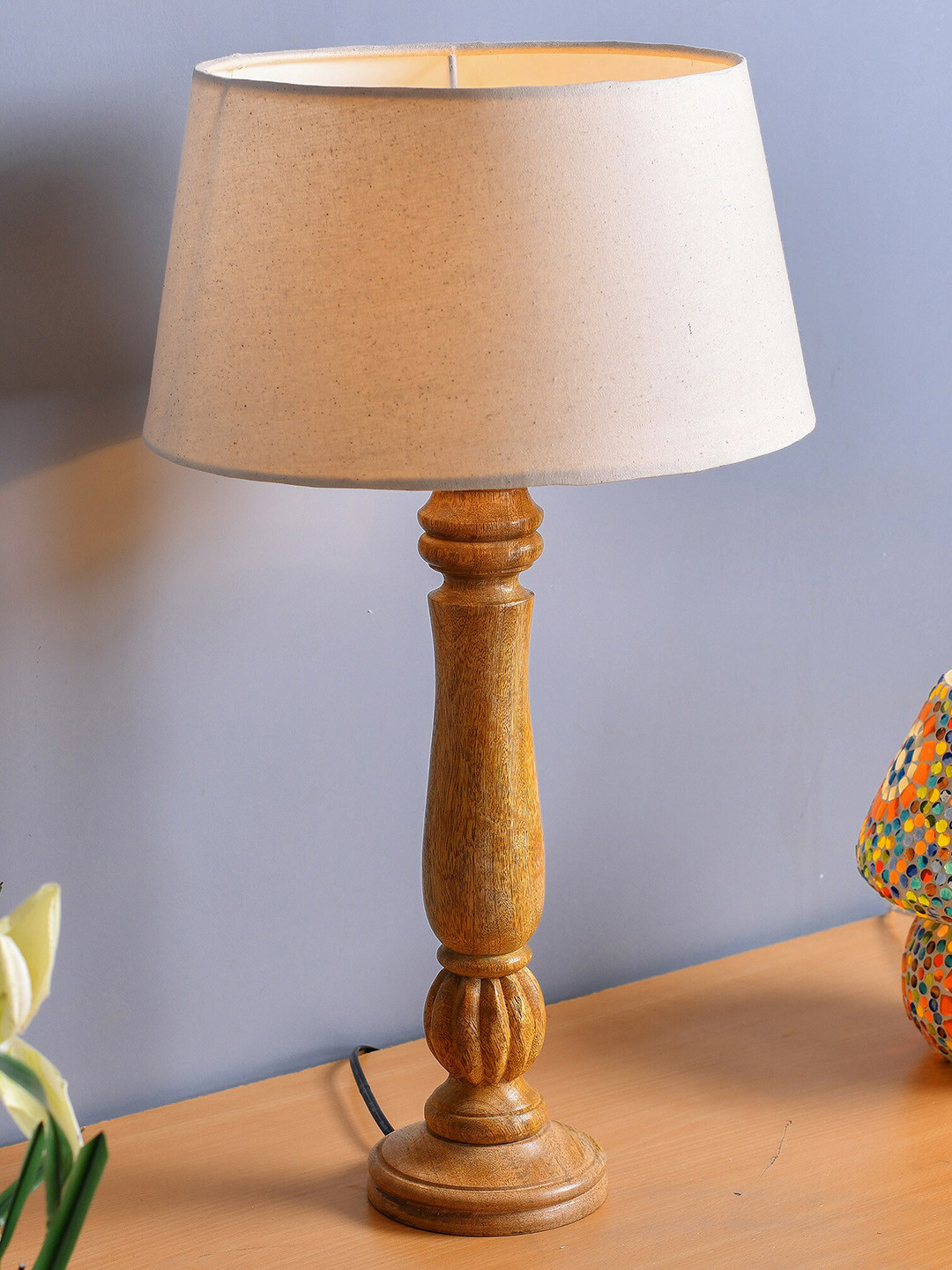 Homesake Beige Classic Victorian Natural Wood Table Lamp With Khadi Shade