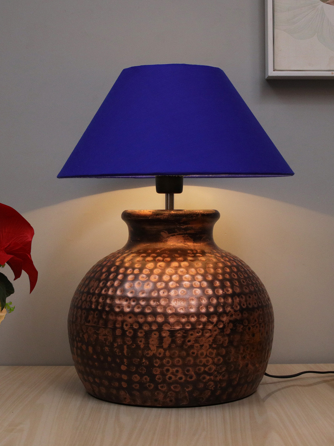 Homesake Bronze-Coloured Oil-Rubbed Pot Antique Hammered Table Lamp With Blue Shade