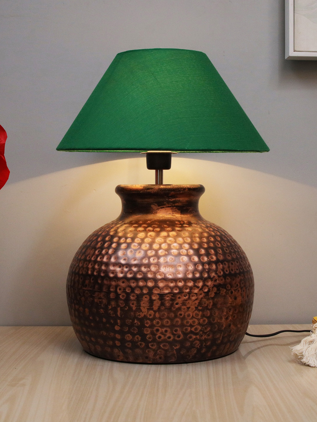 Homesake Copper-Toned & Green Pot Antique Hammered Table Lamp With Shade