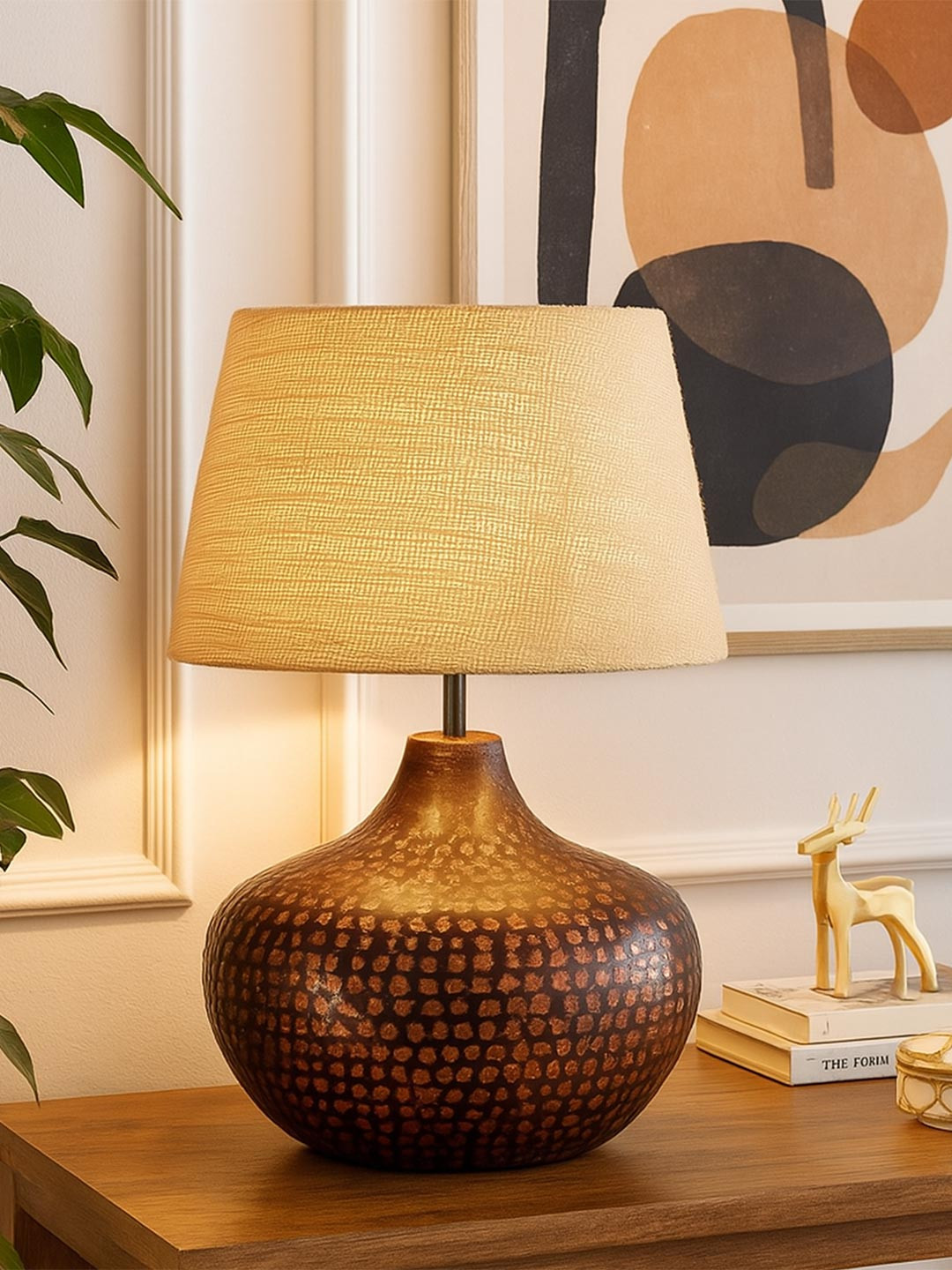 Homesake Brown Antique Hammered Table Lamp with Jute Shade