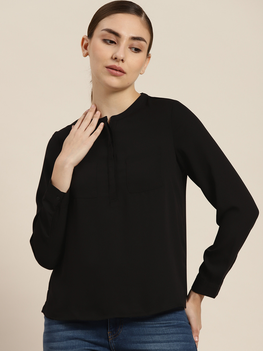 ether Black Mandarin Collar Shirt Style Top