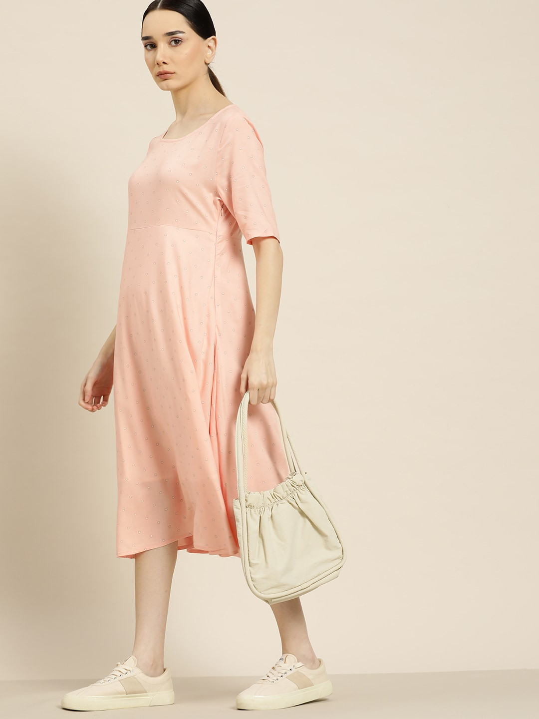 ether Peach-Coloured Printed A-Line Midi Dress