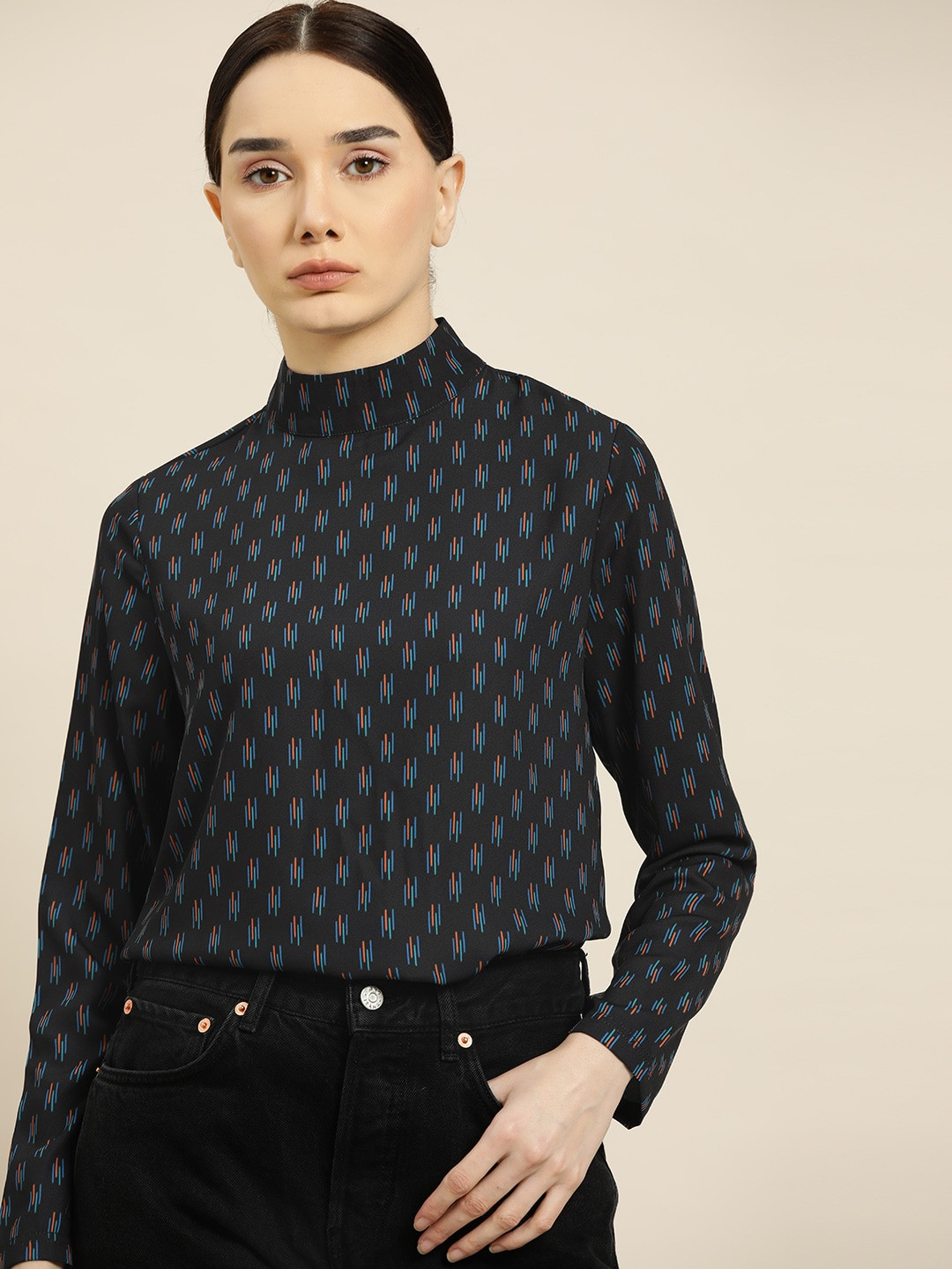 ether Black & Blue High Neck Geometric Print Top