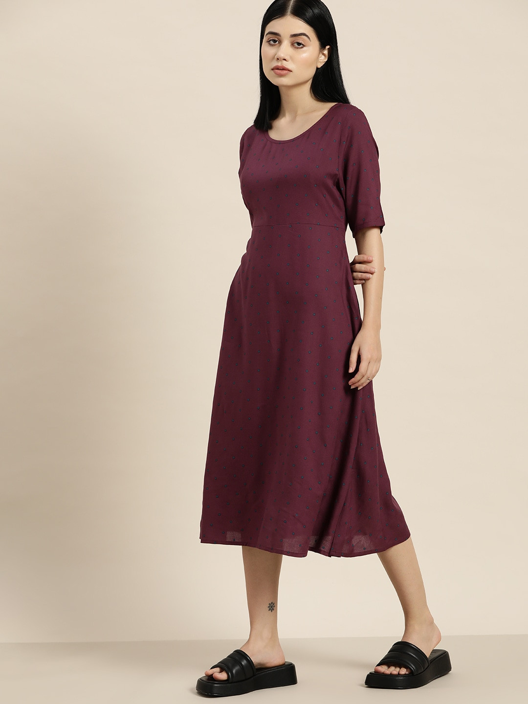 ether Burgundy & Grey Polka Dots Printed A-Line Midi Dress
