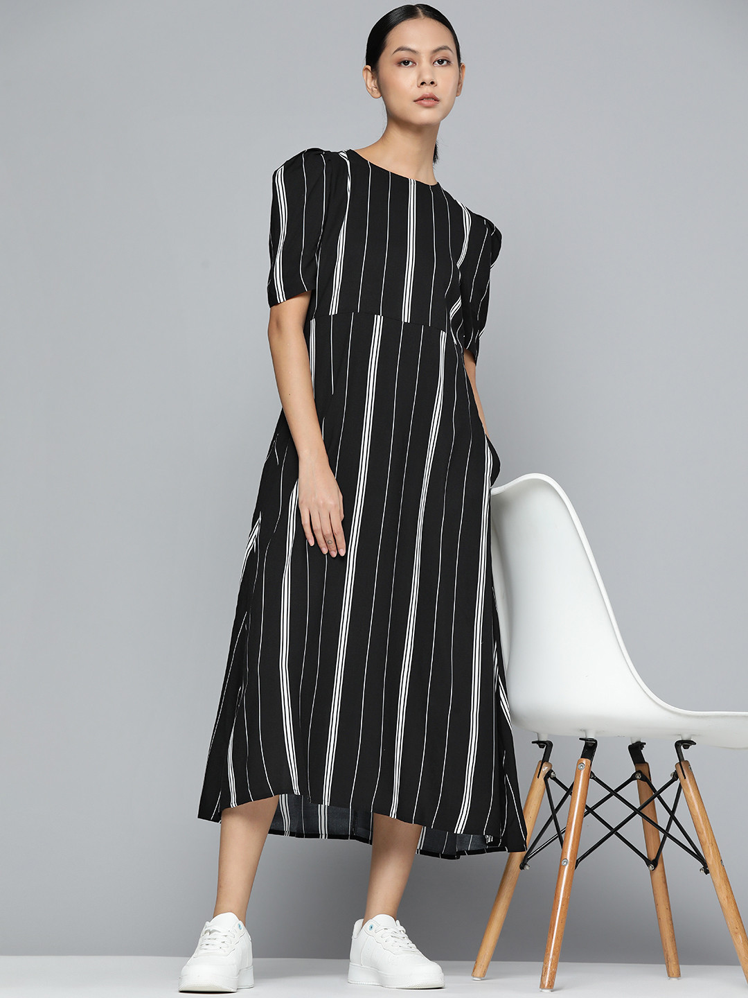 ether Black & White Striped A-Line Midi Dress