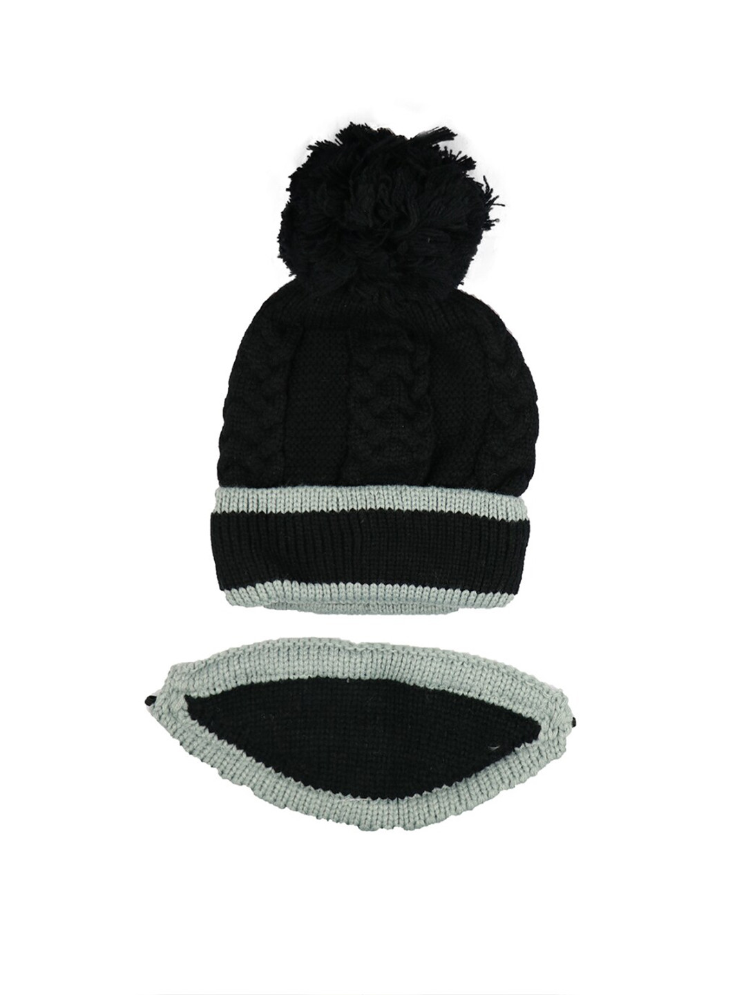 Bunnywave Women Black Pom Pom Detailed With Attached Mask Woolen Beanie