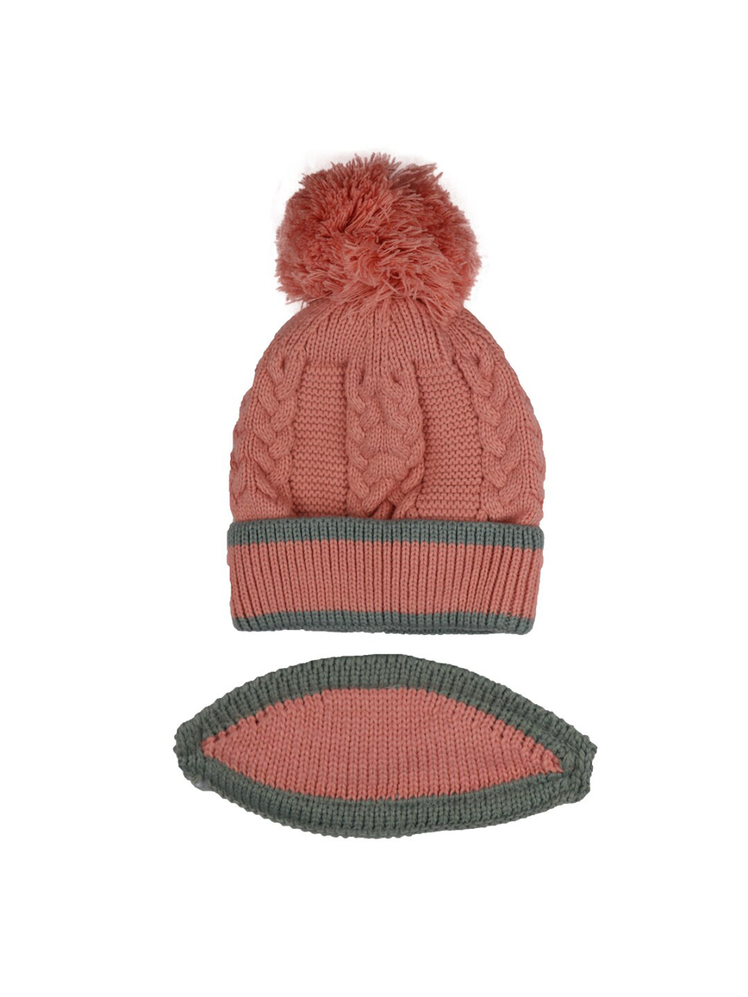 Bunnywave Women Woolen Pink & Grey Pom-Pom Cap with attached Mask