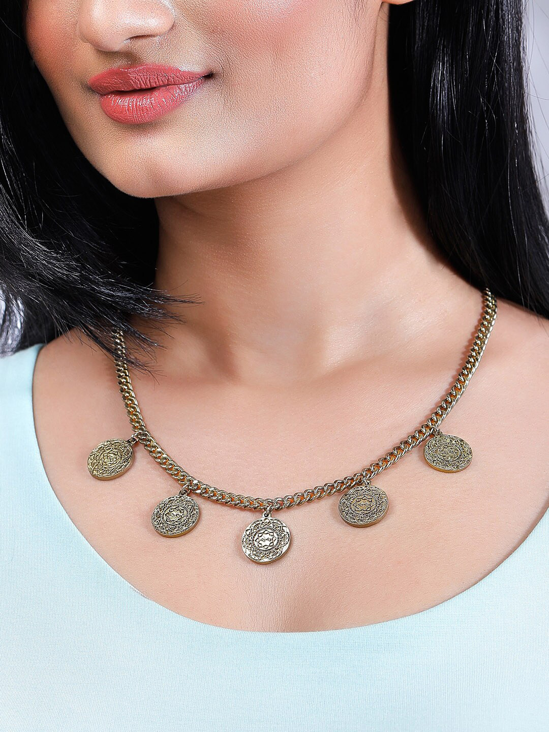 Rubans Oxidised Gold-Toned Coin Charm Statement Necklace with Adjustable Chain