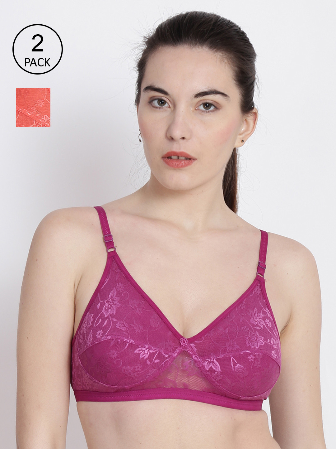 ABELINO  Pack of 2 Maroon & Coral Orange Floral Bra PRIYA2PCMAR