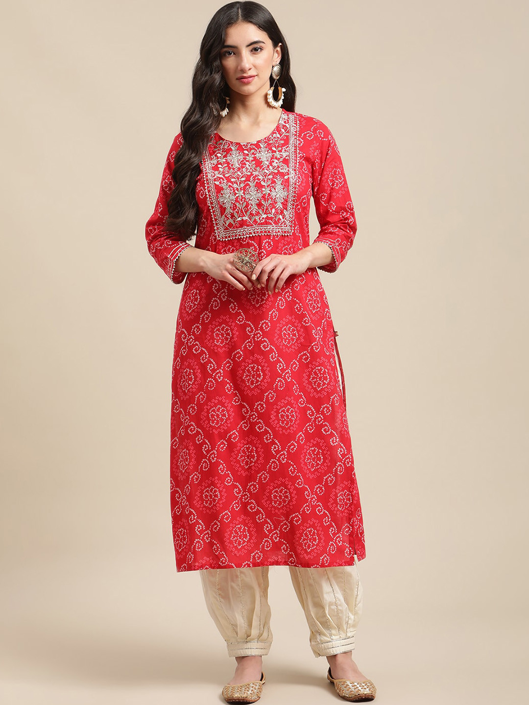 KSUT Women Red Bandhani Printed Thread Work Kurta