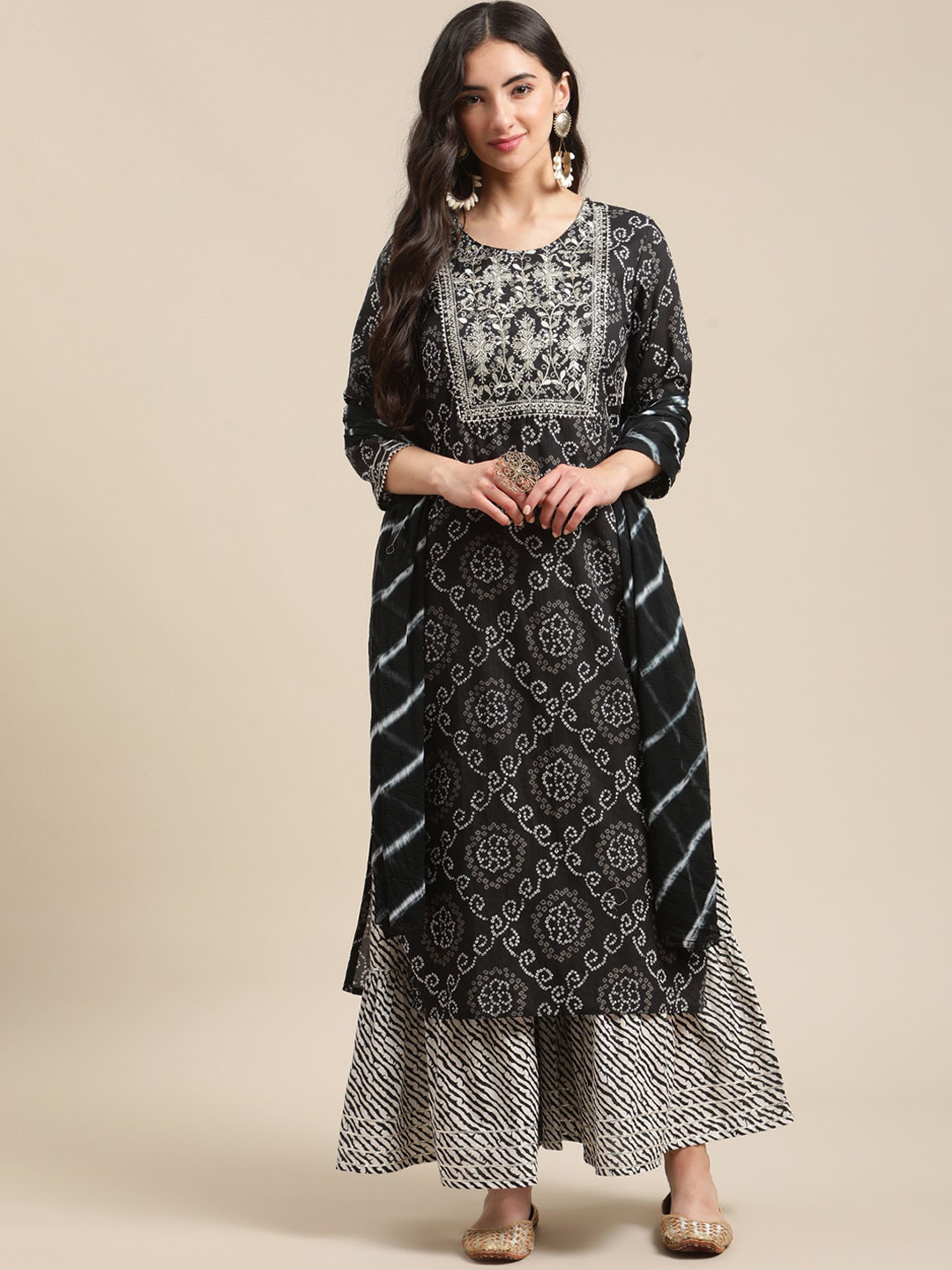 KSUT Black & White Bandhej & Leheriya Printed Zari Embroidery Kurta Sharara With Dupatta