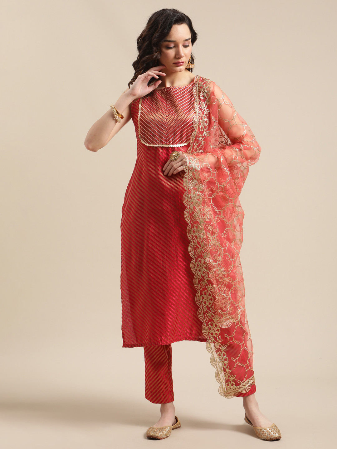 KSUT Red And Gold Brocade Gota Embellished Striped Kurta Set With Gota Work Net Dupatta