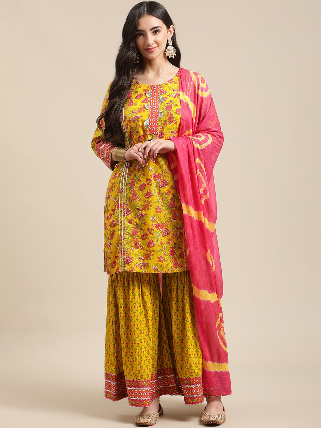 KSUT Mustard Yellow Floral Gotta Printed Kurta Sharara Set Tie & Dye Dupatta