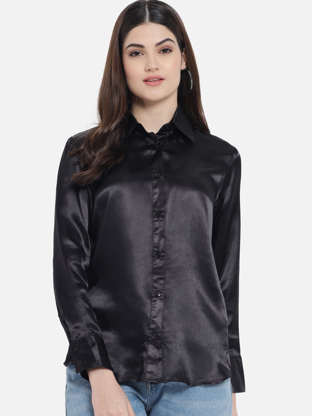 Orchid Blues Women Black Classic Casual Shirt