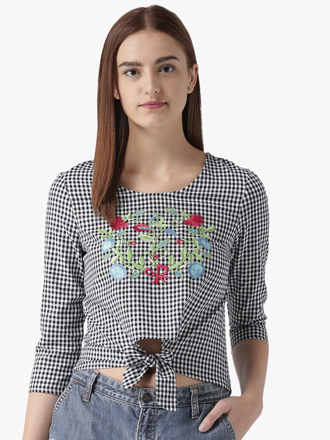 DODO & MOA Black Checked Styled Back Top