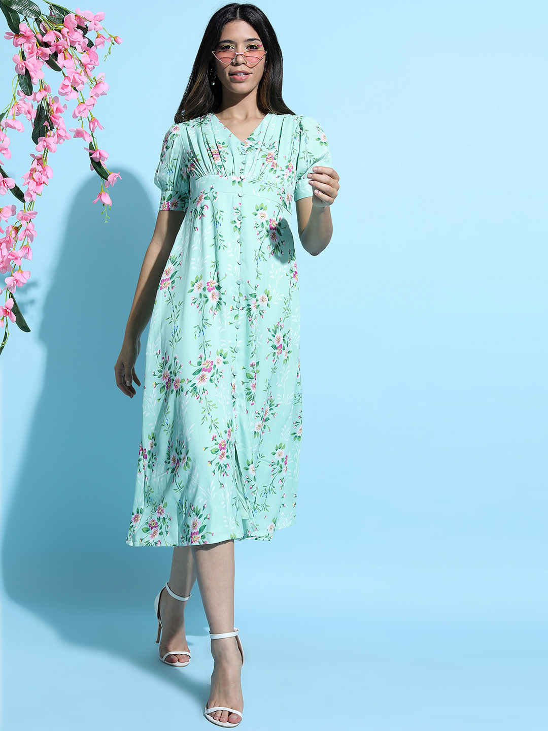Tokyo Talkies Women Tranquil Teal Floral Dress