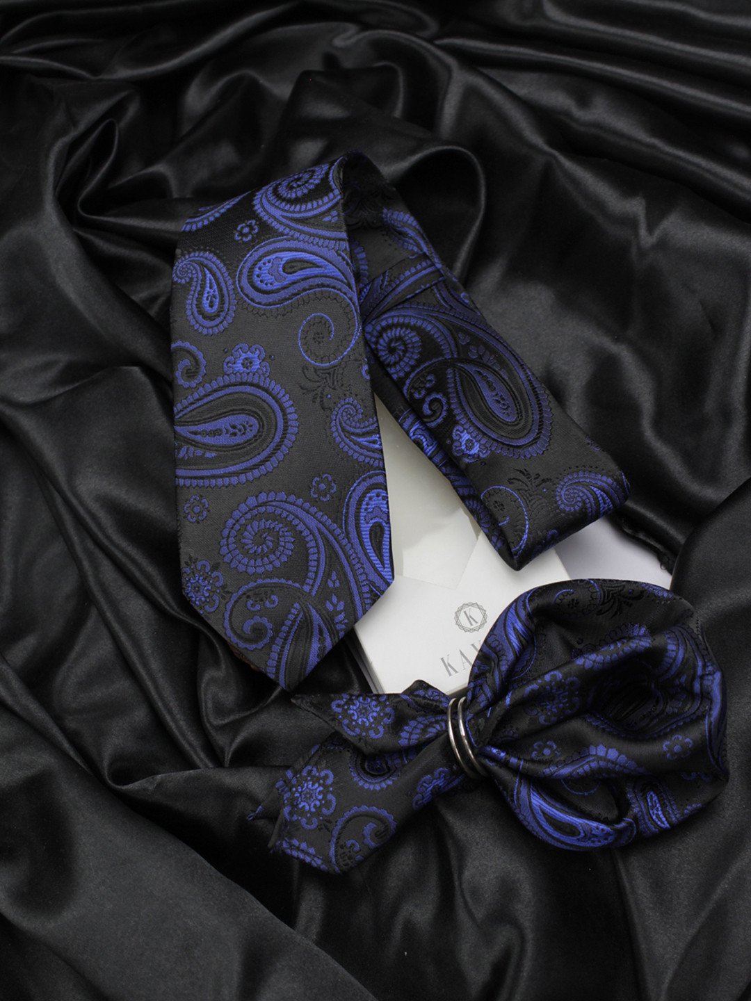 Kavove Black Paisley Printed Neck Tie & Pocket Square Accessory Gift Set