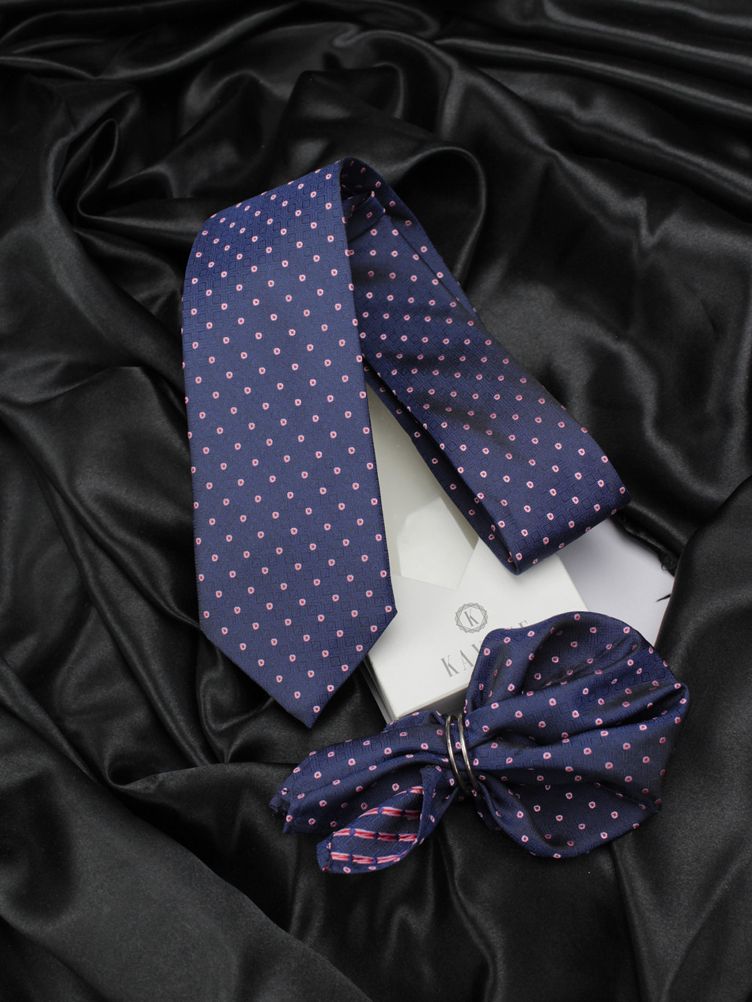 Kavove Navy Blue & White Polka Dot Tie with Pocket Square