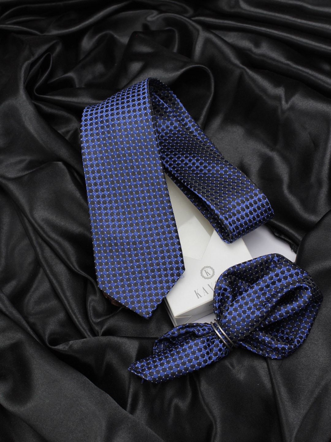 Kavove Navy Blue Checked Neck Tie & Pocket Square Accessory Gift Set