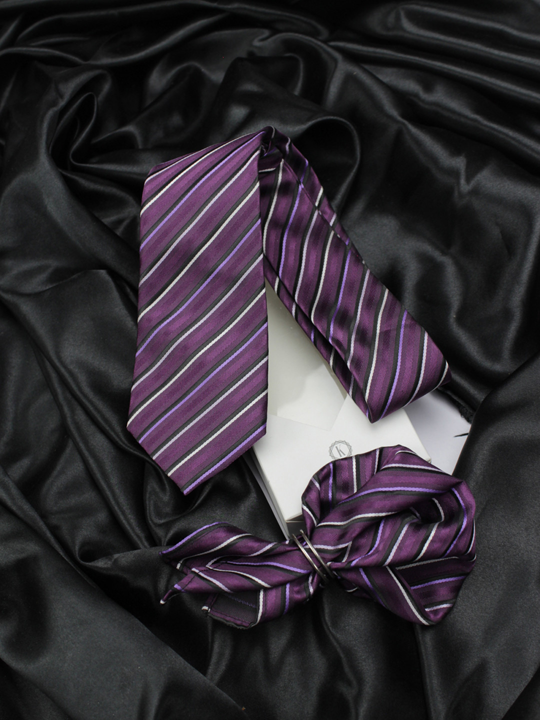 Kavove Purple Striped Tie with Pocket Square