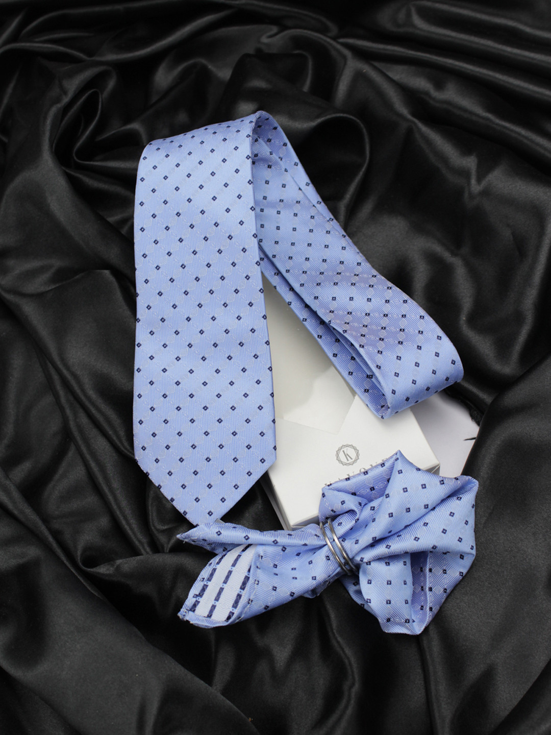 Kavove Blue Printed Neck Tie & Pocket Square Accessory Gift Set