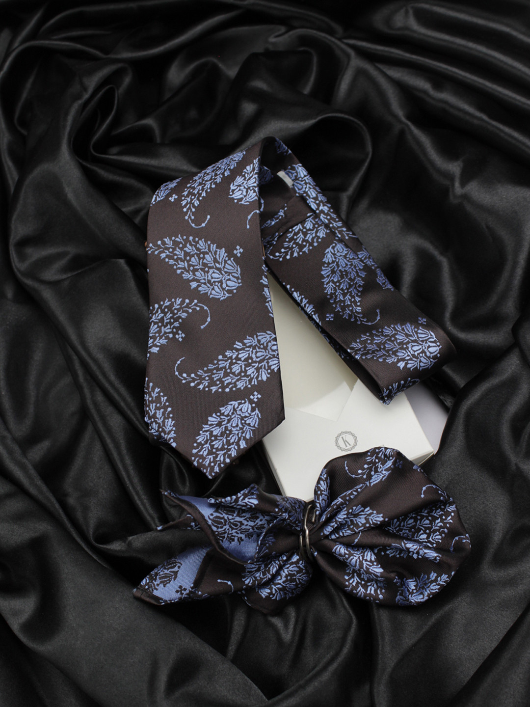 Kavove Men Black Floral Neck Tie & Pocket Square Gift Set