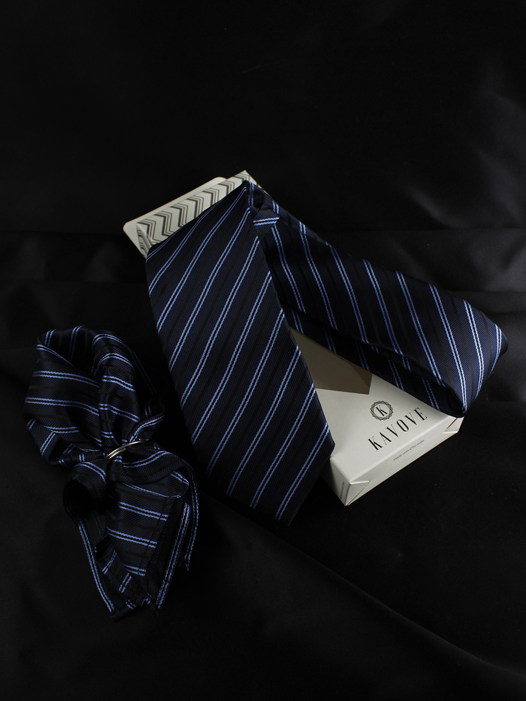 Kavove Blue Striped Tie with Pocket Square